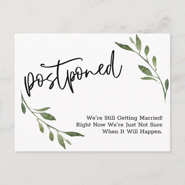 Simple Greenery Postponed Wedding Notice Postcard (Front)
