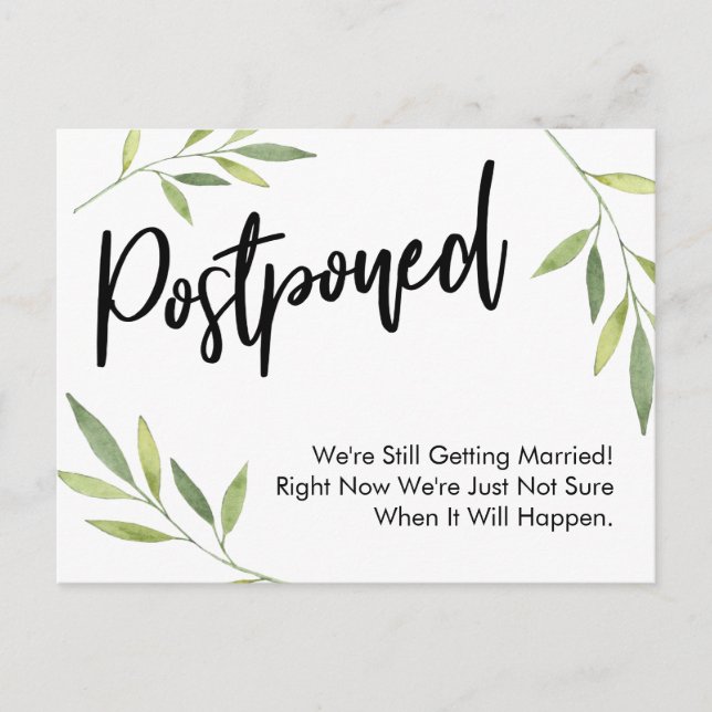 Simple Greenery Postponed Wedding Update Postcard (Front)
