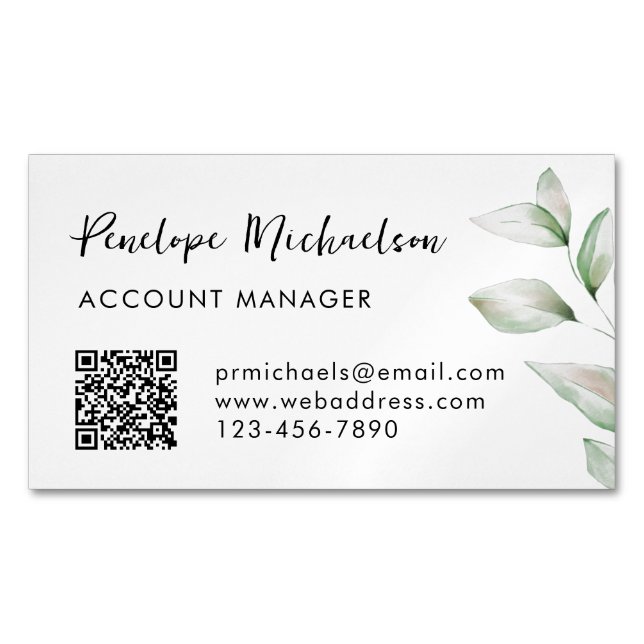 Simple Greenery QR Code Business Card Magnet (Front)
