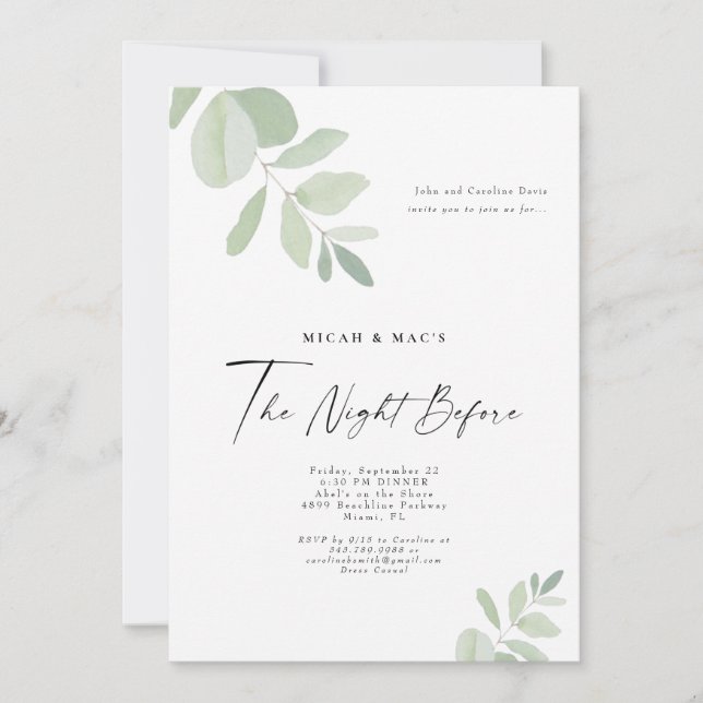Simple Greenery The Night Before Dinner Invitation (Front)