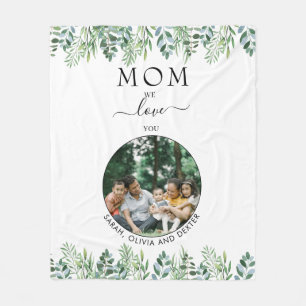 Simple Greenery We Love You Mom Grandma Photo Fleece Blanket
