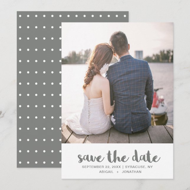 Simple Grey and White Polka Dots Photo Save The Date (Front/Back)