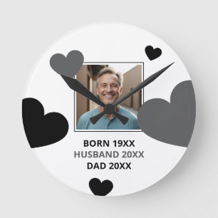 Simple Grey & Black Hearts Husband Keepsake Photo Round Clock