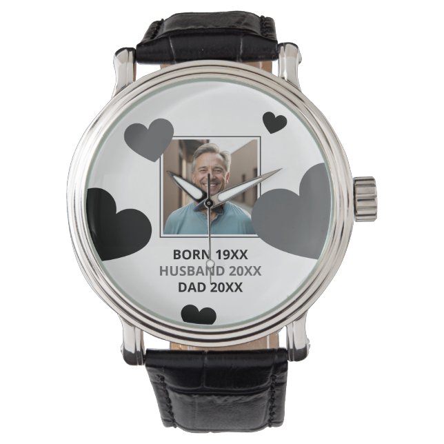 Simple Grey & Black Hearts Husband Keepsake Photo Watch (Front)