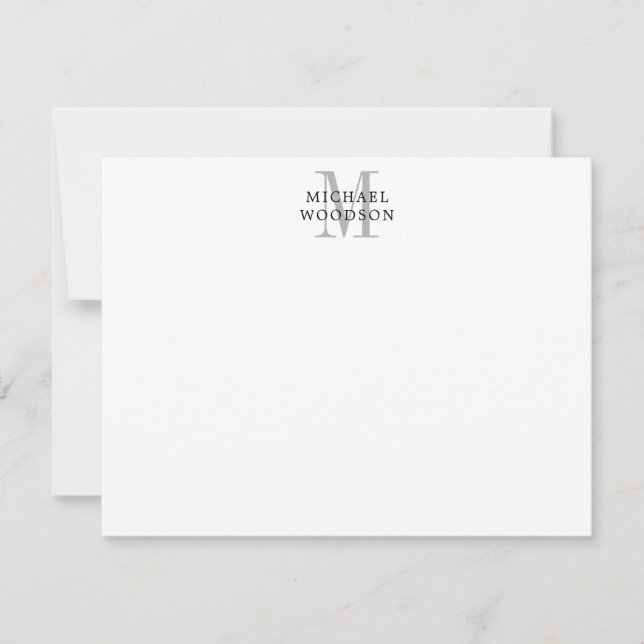 Simple Grey Black Monogram Flat Note Card (Front)