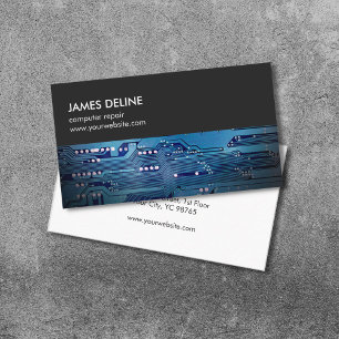 Simple Grey Blue Circuit Board Computer Repair Business Card