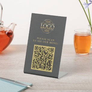 Simple Grey Custom Business Logo QR Code Menu  Pedestal Sign