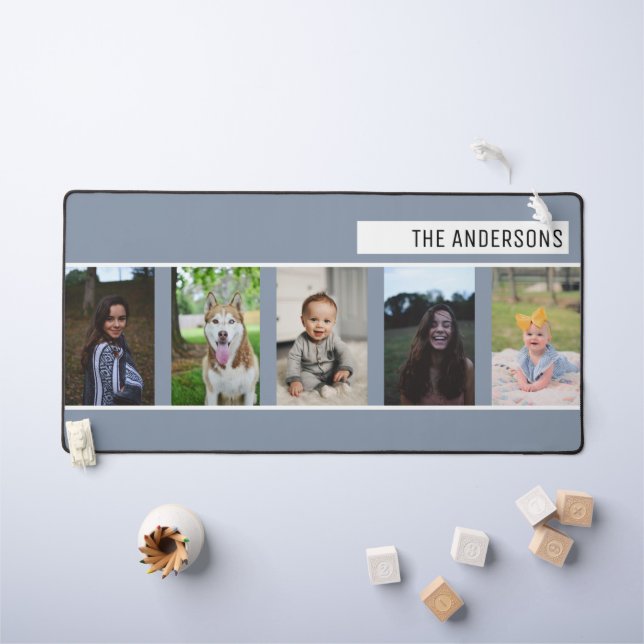 Simple Grey Custom Family Five Photo Collage Desk Mat (Kids Table)