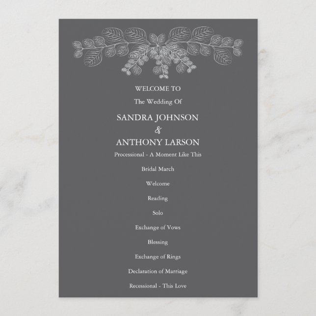 Simple Grey Eucalyptus Line Art Wedding  Program (Front)