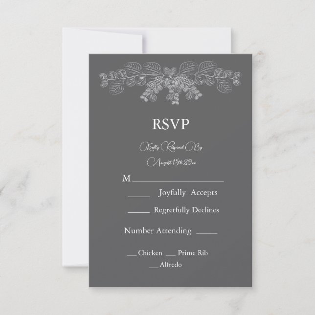 Simple Grey Eucalyptus Line Art Wedding  RSVP Card (Front)
