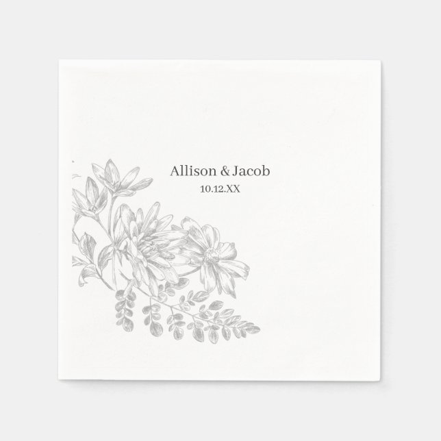 Simple Grey Floral Line Drawing Napkin (Front)
