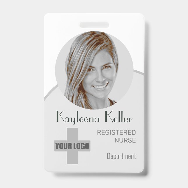 Simple Grey Grey Circle Photo Logo Barcode ID Code Badge (Front)