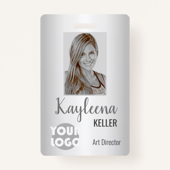 Simple Grey Grey Ombre Logo Barcode ID Photo Badge (Front)