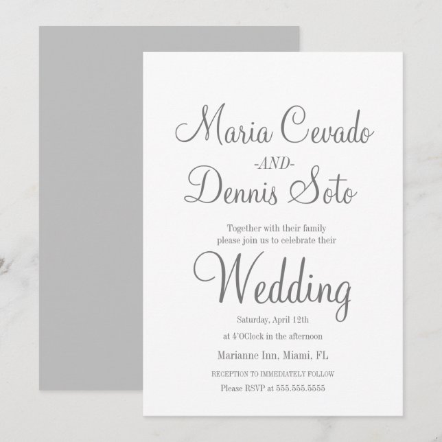 Simple Grey Lettering Script Wedding Invitation (Front/Back)
