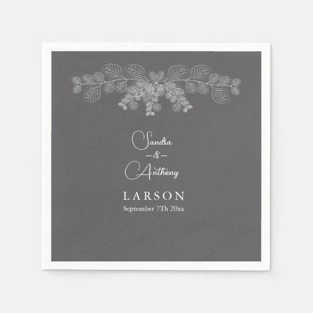 Simple Grey Line Art Eucalyptus Wedding Napkins (Front)
