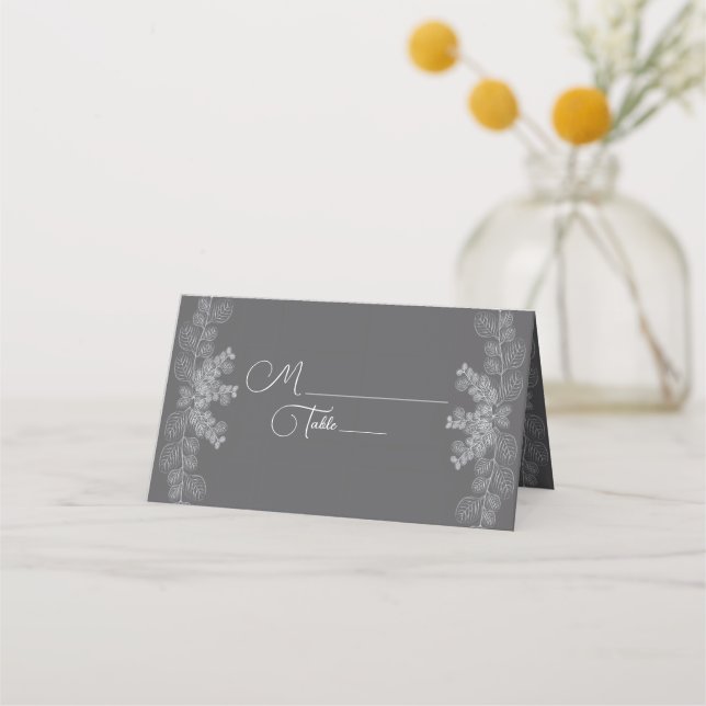 Simple Grey Line Art Eucalyptus Wedding Place Card (Front)