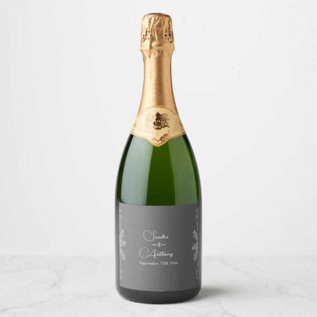 Simple Grey Line Art Eucalyptus Wedding    Sparkling Wine Label (Front)