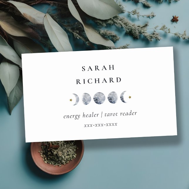 Simple Grey Lunar Celestial Moon Phase Watercolor Business Card (Creator Uploaded)