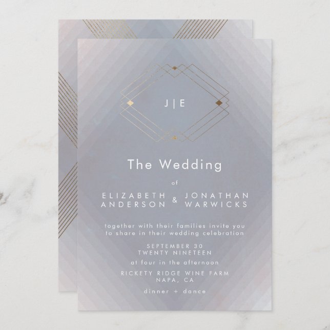 Simple Grey Modern Geometric Gold Wedding Invitation (Front/Back)