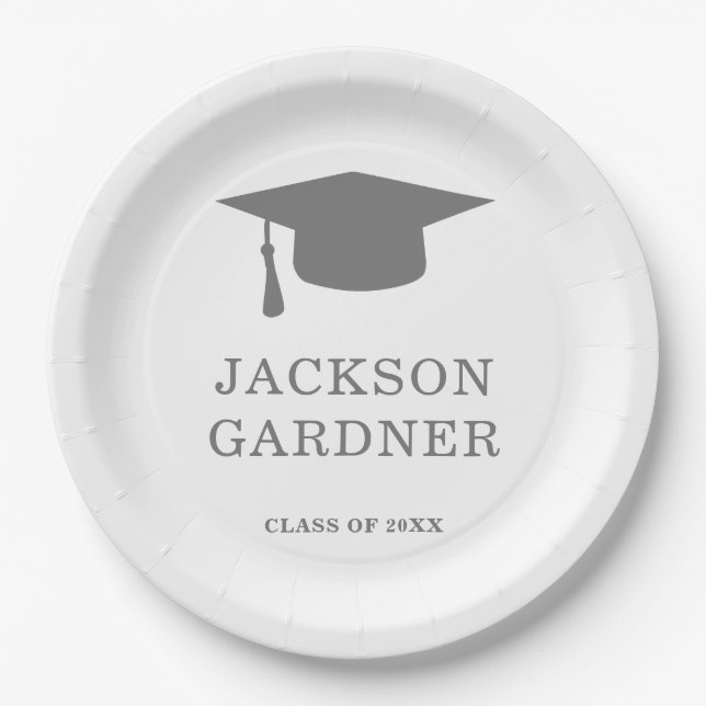 Simple Grey Mortar Board Modern Graduation Paper Plate (Front)