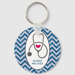 Simple Grey Nursing Stethescope on Blue Chevron Keychain