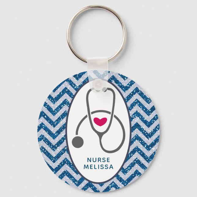 Simple Grey Nursing Stethescope on Blue Chevron Keychain (Front)