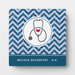 Simple Grey Nursing Stethoscope on Blue Chevron Plaque