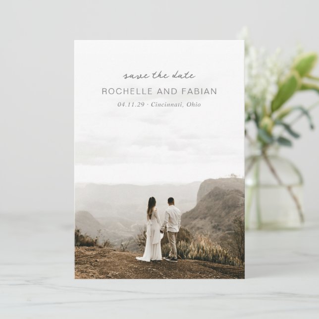 Simple Grey Photo Elegant Wedding Save The Date (Standing Front)