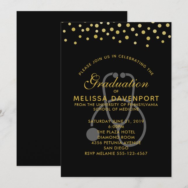 Simple Grey Stethoscope on Black Doctor Graduation Invitation (Front/Back)