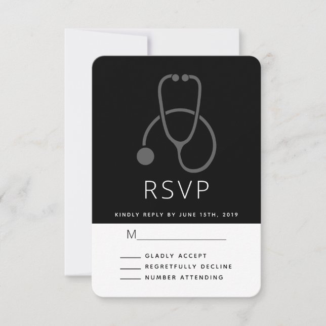 Simple Grey Stethoscope on Black RSVP Card (Front)