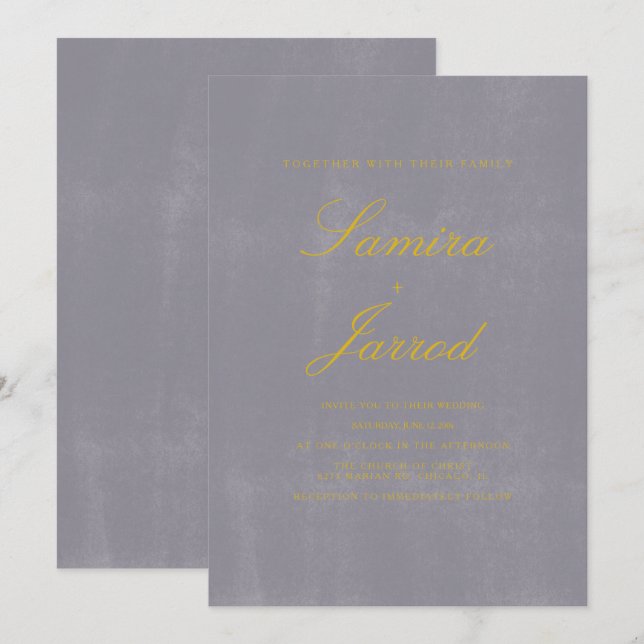 Simple Grey Stone Concrete Rustic Yellow Wedding Invitation (Front/Back)