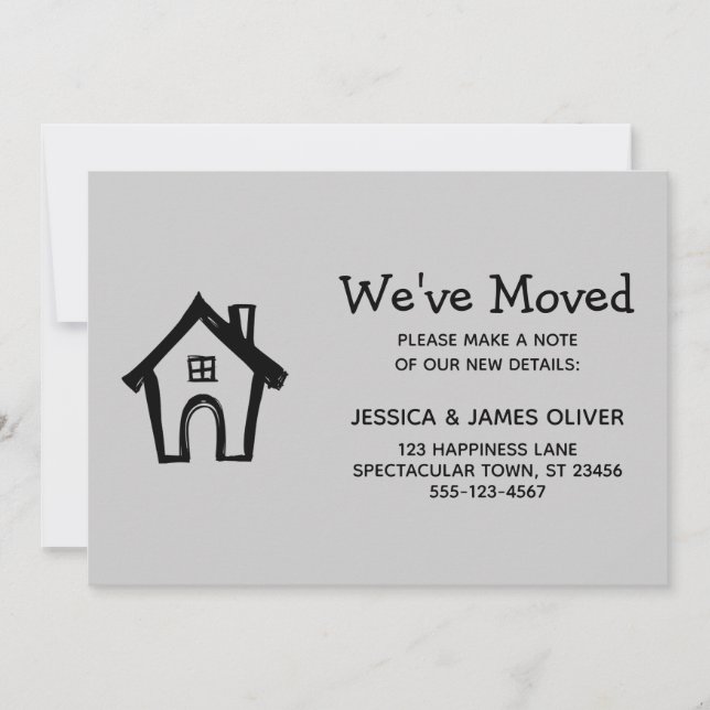 Simple Grey "We've Moved" Card w/ Little House (Front)