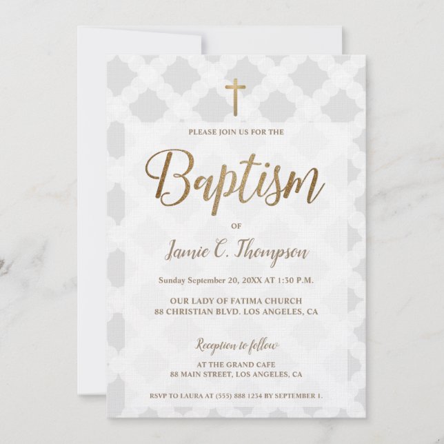 Simple Grey White Circles Gold Modern Baptism Invitation (Front)