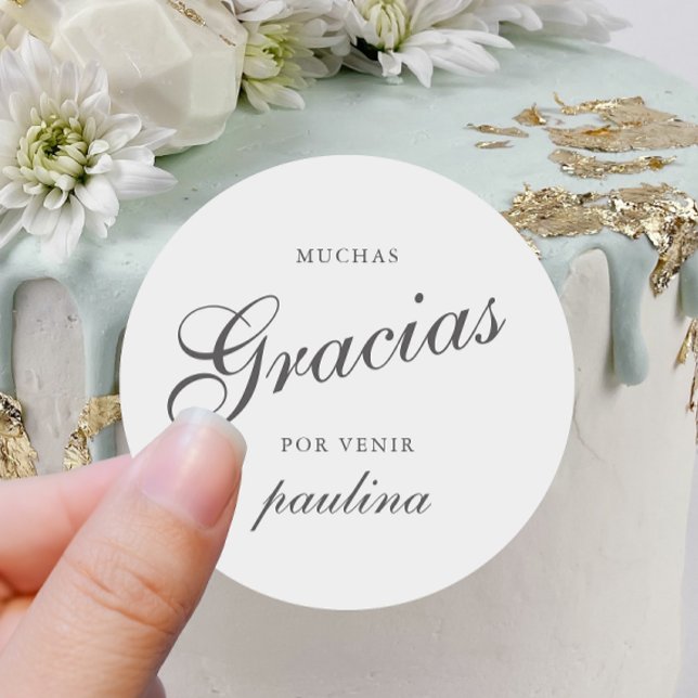 Simple Grey White Quinceañera Gracias Script Name Classic Round Sticker (Creator Uploaded)