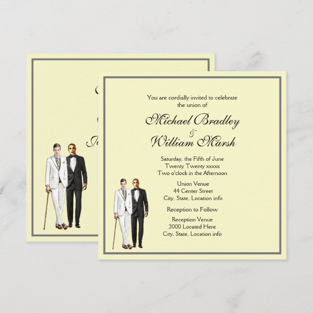 Simple Groom Jaune et Groom Gay Wedding Invitation (Devant / Derrière)