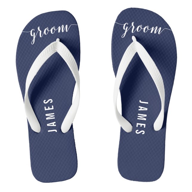 Simple Groom Navy Blue Wedding Party Flip Flops (Footbed)
