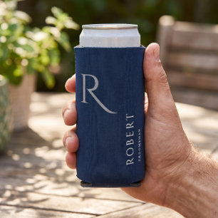 Simple Groomsman Monogram Blue Wedding Seltzer Can Cooler