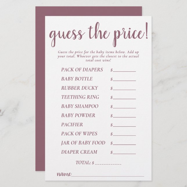 Simple Guess Prices | Desert Rose Shower Game Card (Front/Back)