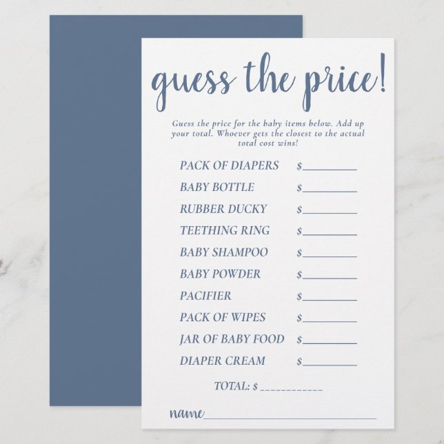 Simple Guess Prices | Dusty Blue Shower Game Card (Front/Back)
