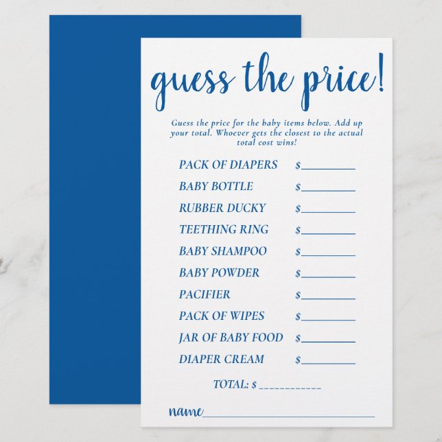 Simple Guess Prices | French Blue Shower Game Card (Front/Back)