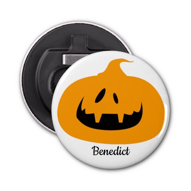 Simple Halloween jack-o-lantern pumpkin face Name Bottle Opener (Front)