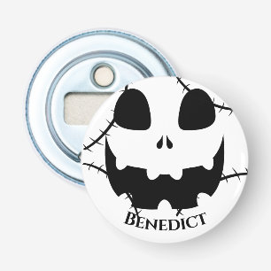 Simple Halloween jack-o-lantern pumpkin face Name Bottle Opener