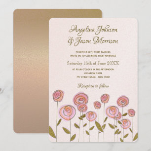Simple Hand Drawn Artsy Roses Pink Floral Wedding Invitation
