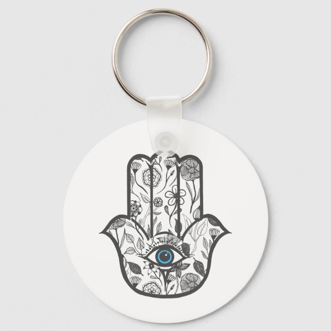 Simple Hand Drawn Floral Hamsa Hand Keychain (Front)
