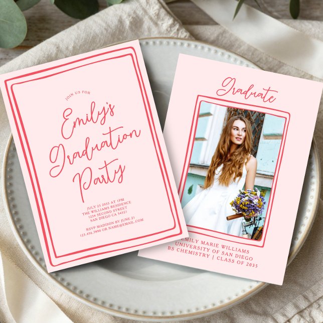 Simple Hand Drawn Graduation Party Photo Pink Invitation (Creator Uploaded)