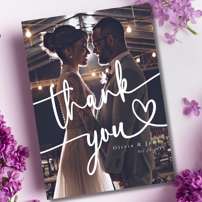 Simple Handwritten Script Heart Wedding Photo Thank You Card (Creator Uploaded)