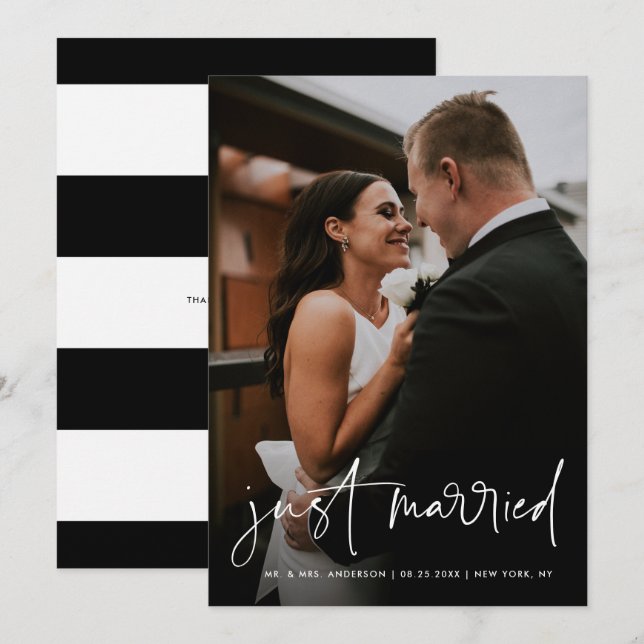 Simple Handwritten Script Just Married Wedding Announcement (Front/Back)