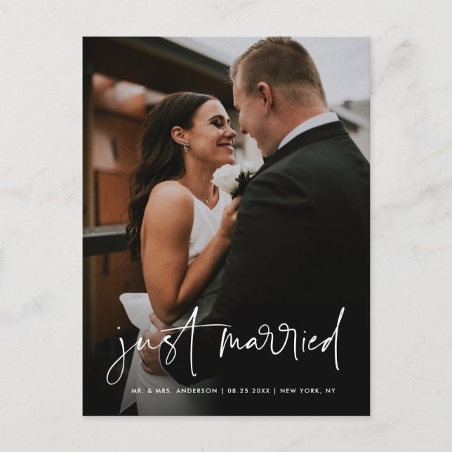 Simple Handwritten Script Just Married Wedding Postcard (Front)