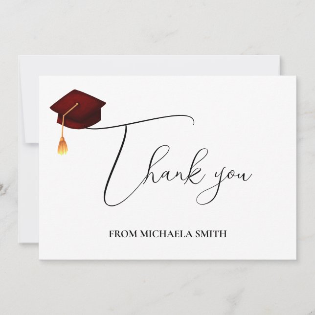 Simple Handwritten Script Maroon Graduation Thank You Card (Front)