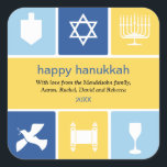 Simple Hanukkah Icons Sticker<br><div class="desc">This sticker uses the icons of Hanukkah to convey warm wishes. The bright blue and gold colours surround icons of a dreidel, menorah, and kiddush cup, among others to frame your message. Great as envelope seals or for sticking on holiday packages or gifts. Available in alternate colours with matching products....</div>